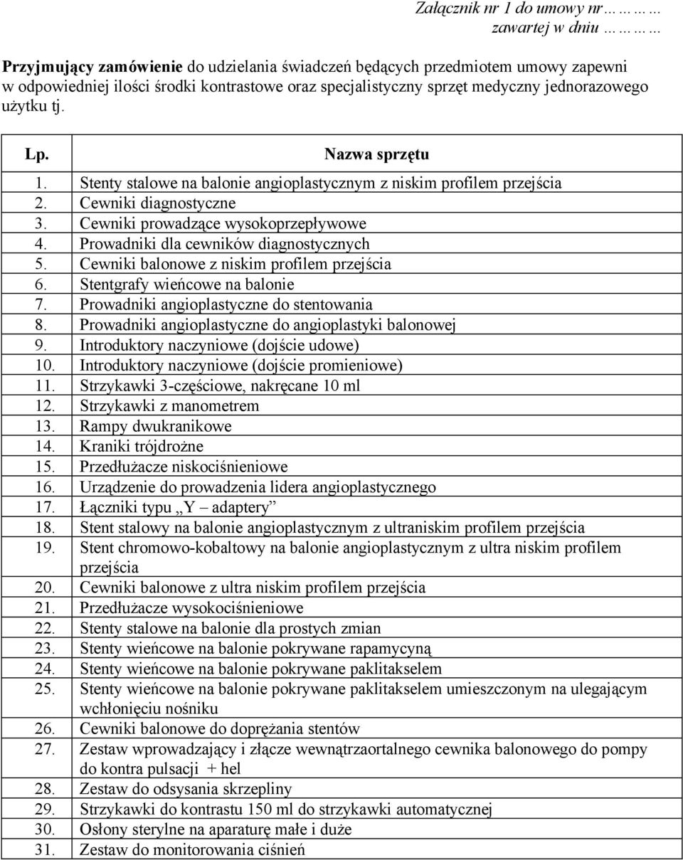 Prowadniki dla cewników diagnostycznych 5. Cewniki balonowe z niskim profilem przejścia 6. Stentgrafy wieńcowe na balonie 7. Prowadniki angioplastyczne do stentowania 8.