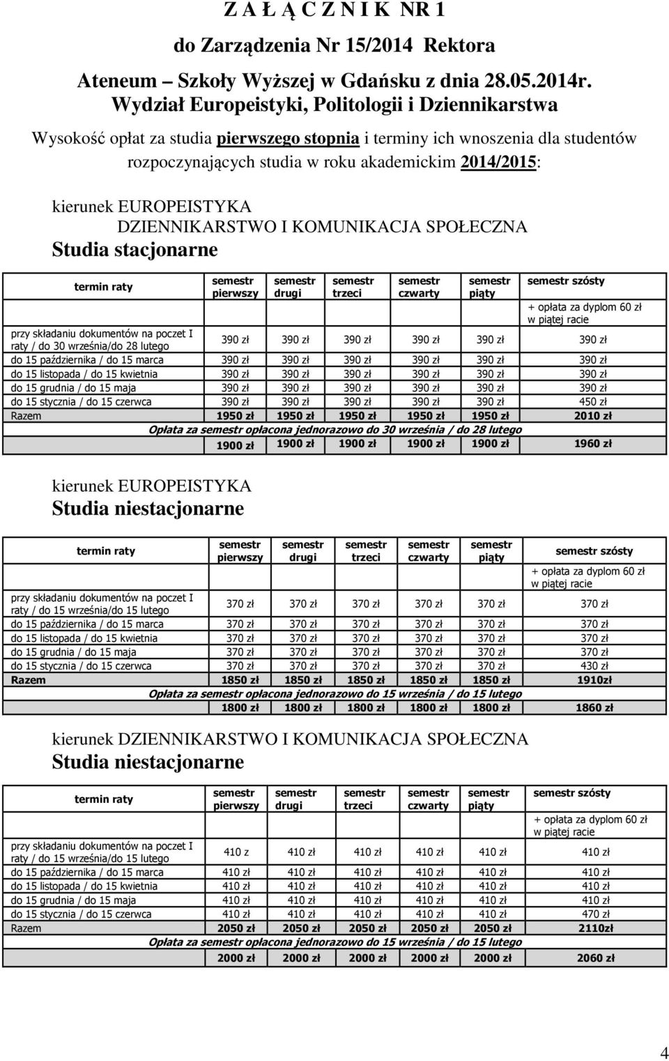 EUROPEISTYKA DZIENNIKARSTWO I KOMUNIKACJA SPOŁECZNA Studia stacjonarne pierwszy drugi szósty 390 zł 390 zł 390 zł 390 zł 390 zł 390 zł raty / do 30 września/do 28 lutego do 15 października / do 15