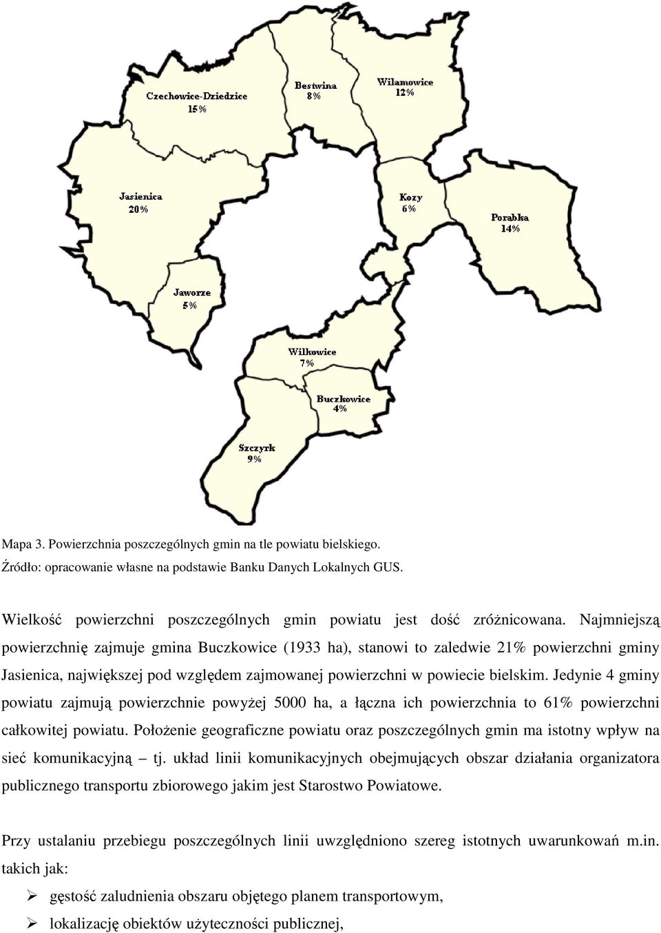 Najmniejszą powierzchnię zajmuje gmina Buczkowice (1933 ha), stanowi to zaledwie 21% powierzchni gminy Jasienica, największej pod względem zajmowanej powierzchni w powiecie bielskim.