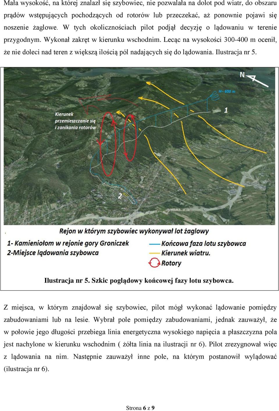 Lecąc na wysokości 300-400 m ocenił, że nie doleci nad teren z większą ilością pól nadających się do lądowania. Ilustracja nr 5. Ilustracja nr 5. Szkic poglądowy końcowej fazy lotu szybowca.