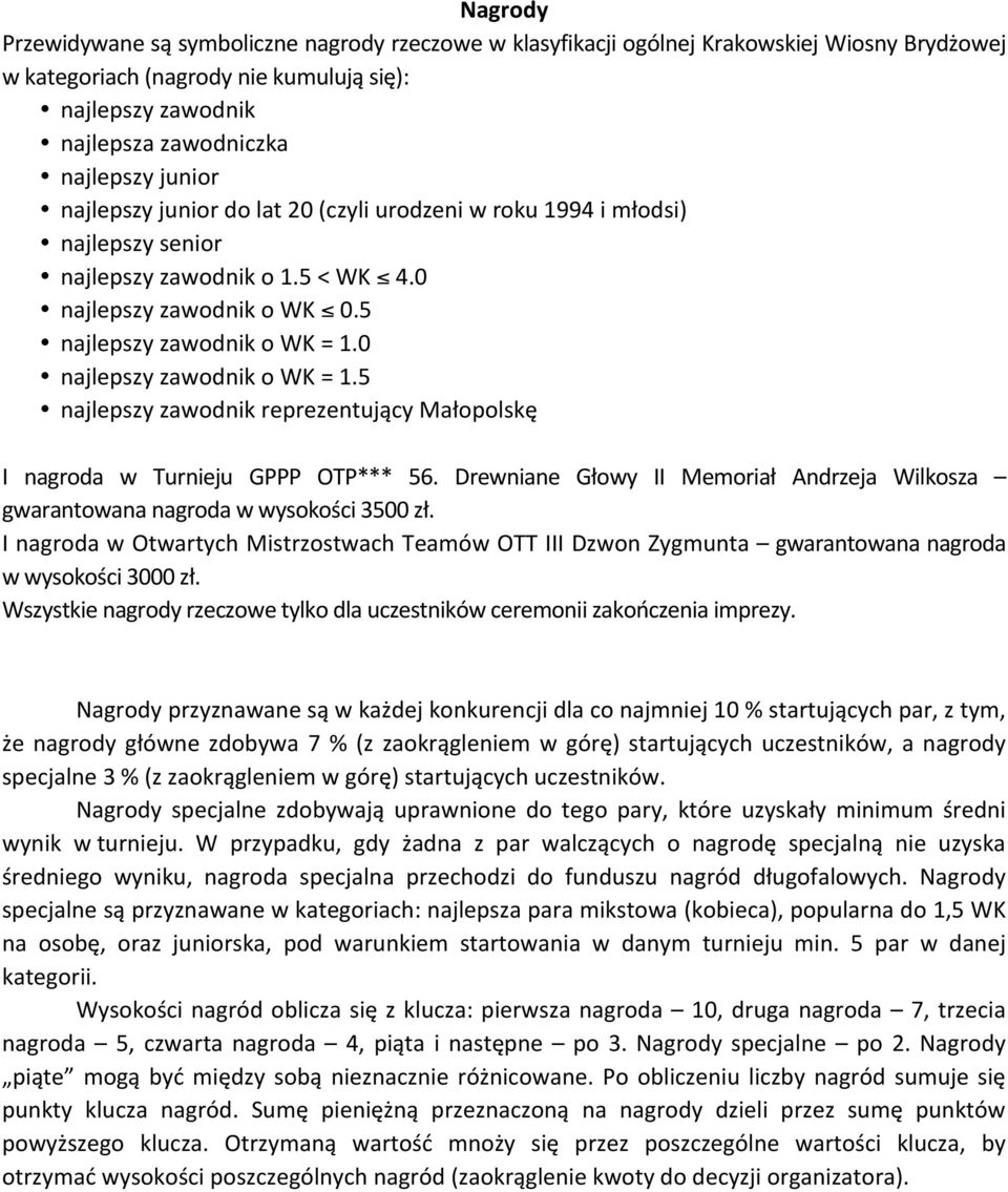 0 najlepszy zawodnik o WK = 1.5 najlepszy zawodnik reprezentujący Małopolskę I nagroda w Turnieju GPPP OTP*** 56.