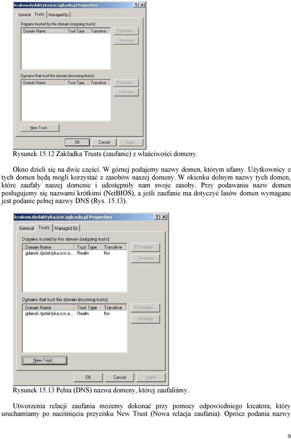 Przy podawaniu nazw domen posługujemy się nazwami krótkimi (NetBIOS), a jeśli zaufanie ma dotyczyć lasów domen wymagane jest podanie pełnej nazwy DNS (Rys. 15.13). Rysunek 15.