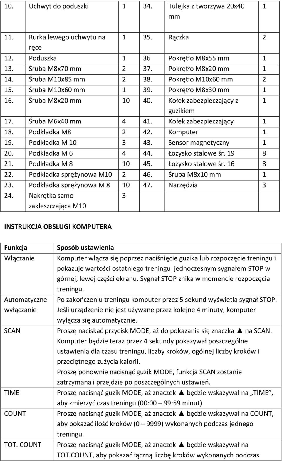 Podkładka M8 2 42. Komputer 1 19. Podkładka M 10 3 43. Sensor magnetyczny 1 20. Podkładka M 6 4 44. Łożysko stalowe śr. 19 8 21. Podkładka M 8 10 45. Łożysko stalowe śr. 16 8 22.