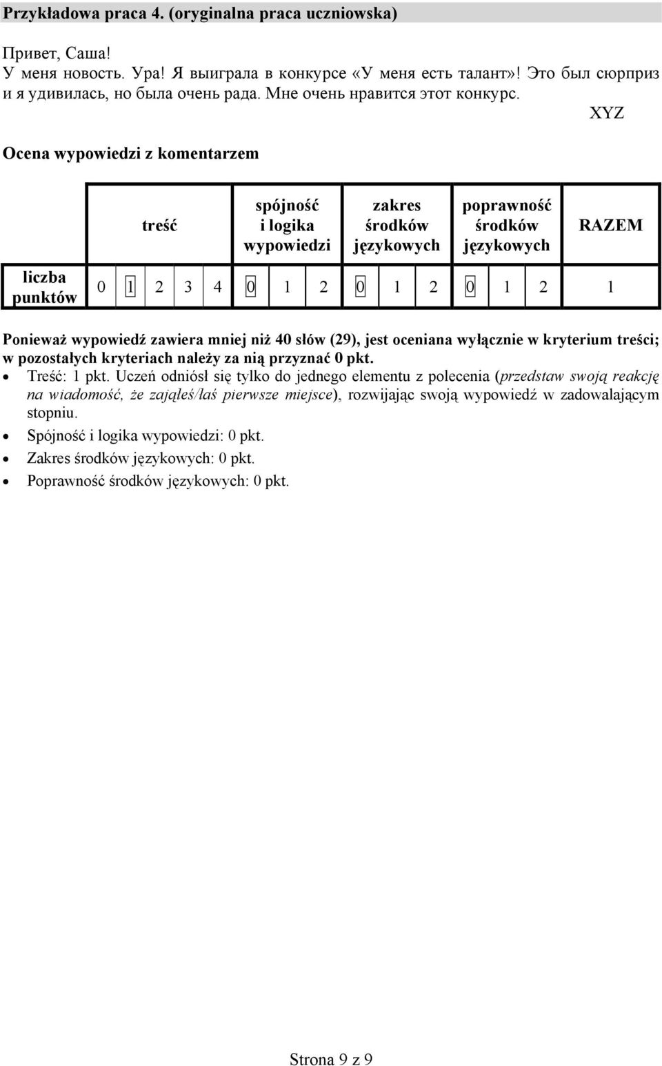 XYZ Ocena wypowiedzi z komentarzem liczba punktów treść spójność i logika wypowiedzi zakres poprawność RAZEM 0 1 2 3 4 0 1 2 0 1 2 0 1 2 1 Ponieważ wypowiedź zawiera mniej niż 40 słów (29), jest