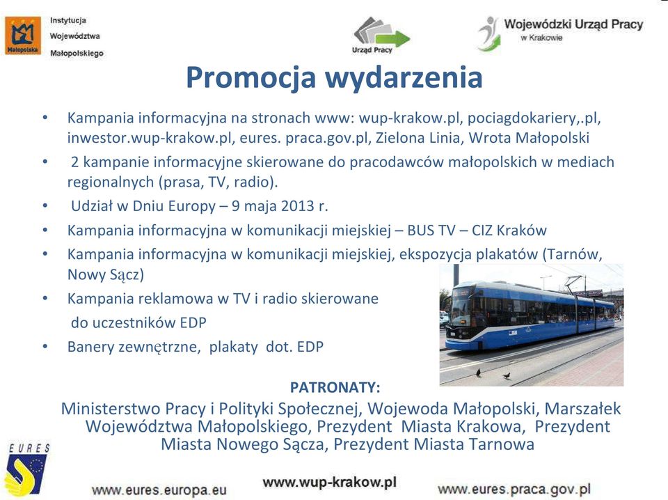 Kampania informacyjna w komunikacji miejskiej BUS TV CIZ Kraków Kampania informacyjna w komunikacji miejskiej, ekspozycja plakatów (Tarnów, Nowy Sącz) Kampania reklamowa w TV i radio