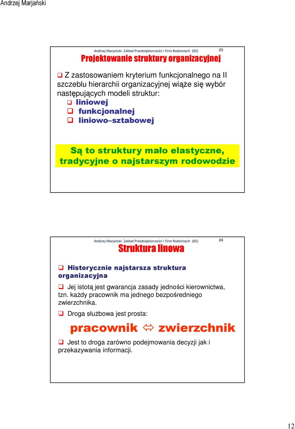 Struktura linowa 24 Historycznienajstarszastruktura organizacyjna Jej istotą jest gwarancja zasady jedności kierownictwa, tzn.