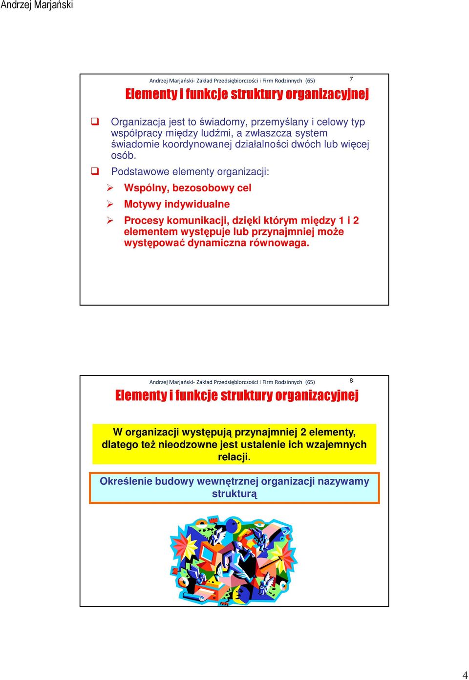 Podstawowe elementy organizacji: Wspólny, bezosobowy cel Motywy indywidualne Procesy komunikacji, dzięki którym między 1 i 2 elementem występuje lub