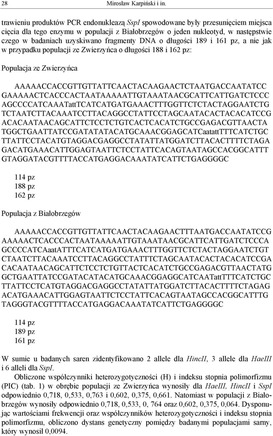 fragmenty DNA o długości 189 i 161 pz, a nie jak w przypadku populacji ze Zwierzyńca o długości 188 i 162 pz: Populacja ze Zwierzyńca AAAAACCACCGTTGTTATTCAACTACAAGAACTCTAATGACCAATATCC
