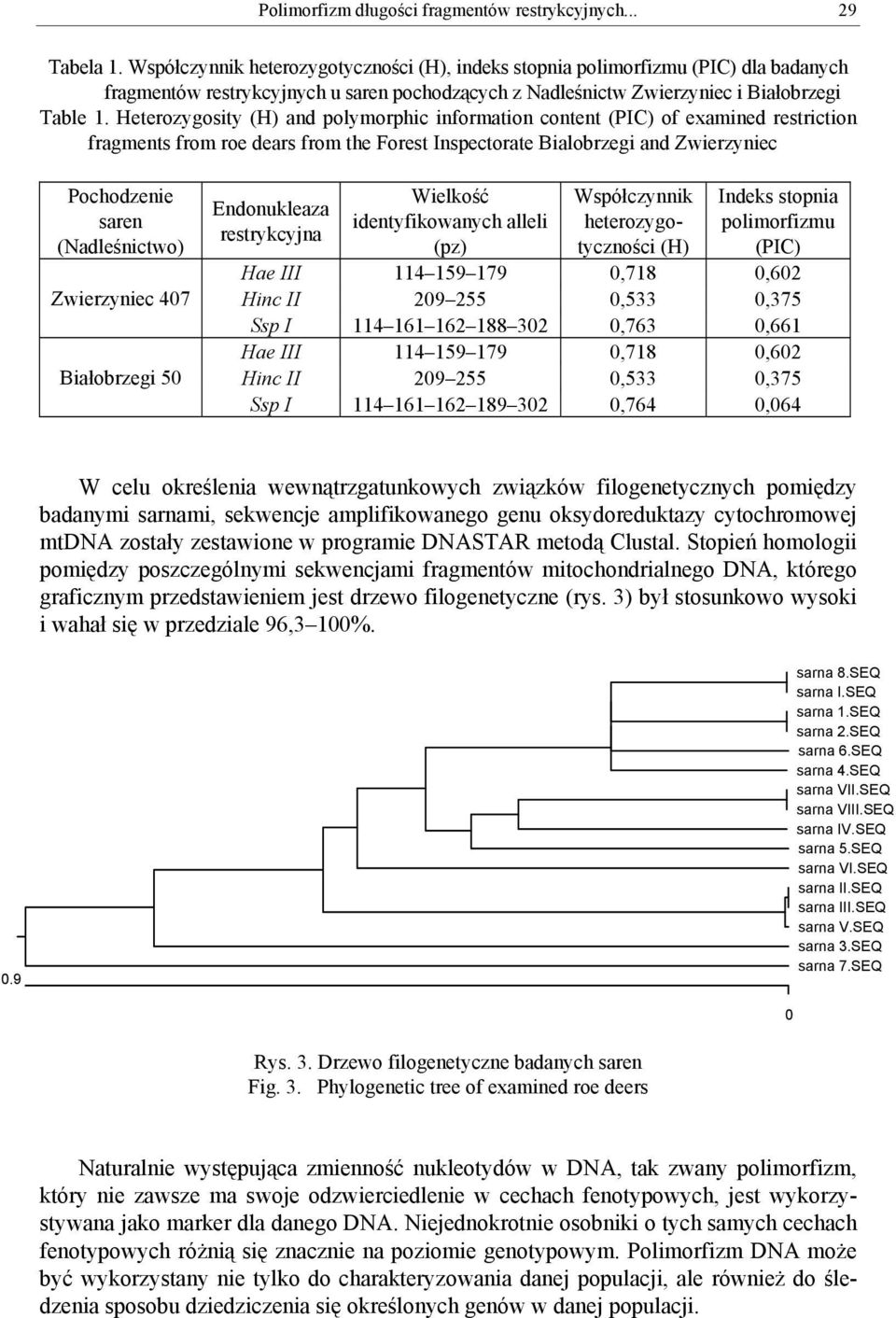 Heterozygosity (H) and polymorphic information content (PIC) of examined restriction fragments from roe dears from the Forest Inspectorate Bialobrzegi and Zwierzyniec Pochodzenie saren (Nadleśnictwo)