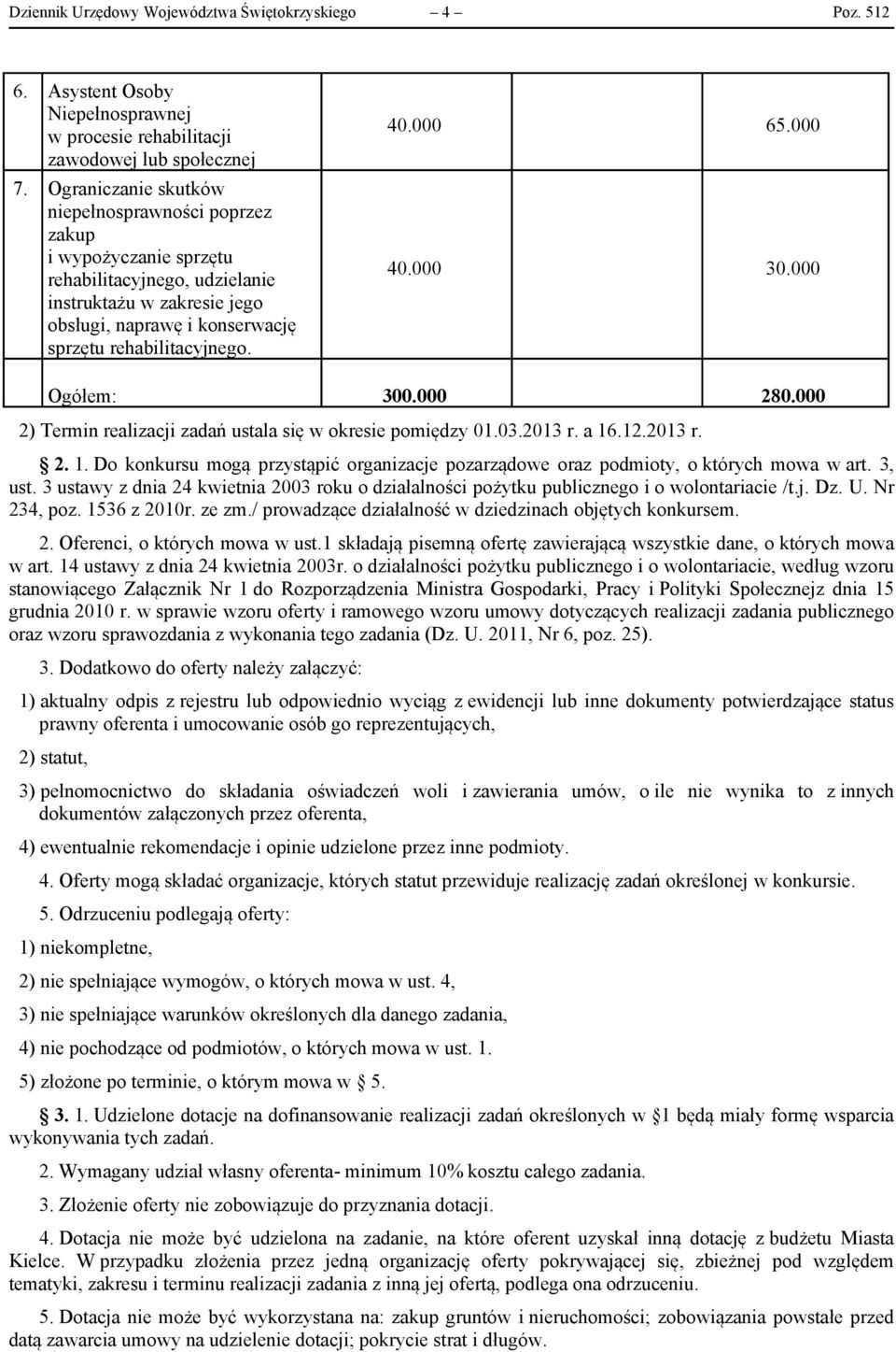 000 65.000 40.000 30.000 Ogółem: 300.000 280.000 2) Termin realizacji zadań ustala się w okresie pomiędzy 01.03.2013 r. a 16