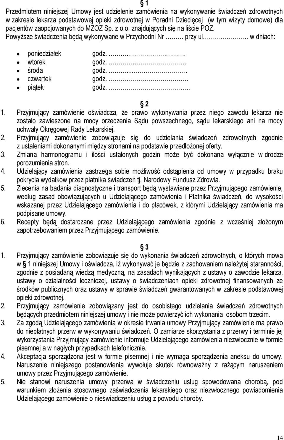 .... czwartek godz.. piątek godz... 2 1.