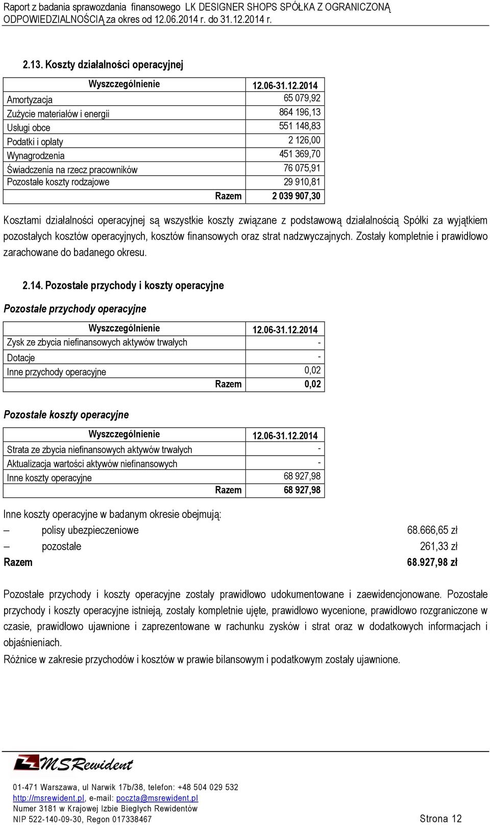 kosztów operacyjnych, kosztów finansowych oraz strat nadzwyczajnych. Zostały kompletnie i prawidłowo zarachowane do badanego okresu. 2.14.