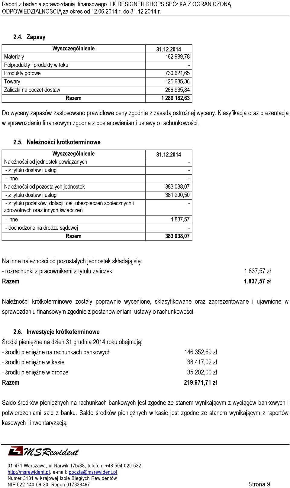 ceny zgodnie z zasadą ostrożnej wyceny. Klasyfikacja oraz prezentacja w sprawozdaniu finansowym zgodna z postanowieniami ustawy o rachunkowości. 2.5. Należności krótkoterminowe Wyszczególnienie 31.12.