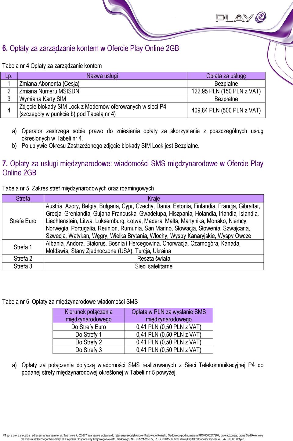 sieci P4 (szczegóły w punkcie b) pod Tabelą nr 4) 409,84 PLN (500 PLN z VAT) a) Operator zastrzega sobie prawo do zniesienia opłaty za skorzystanie z poszczególnych usług określonych w Tabeli nr 4.