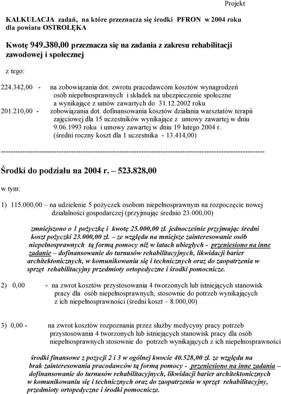 210,00 - zobowiązania dot. dofinansowania kosztów działania warsztatów terapii zajęciowej dla 15 uczestników wynikające z umowy zawartej w dniu 9.06.1993 roku i umowy zawartej w dniu 19 lutego 2004 r.