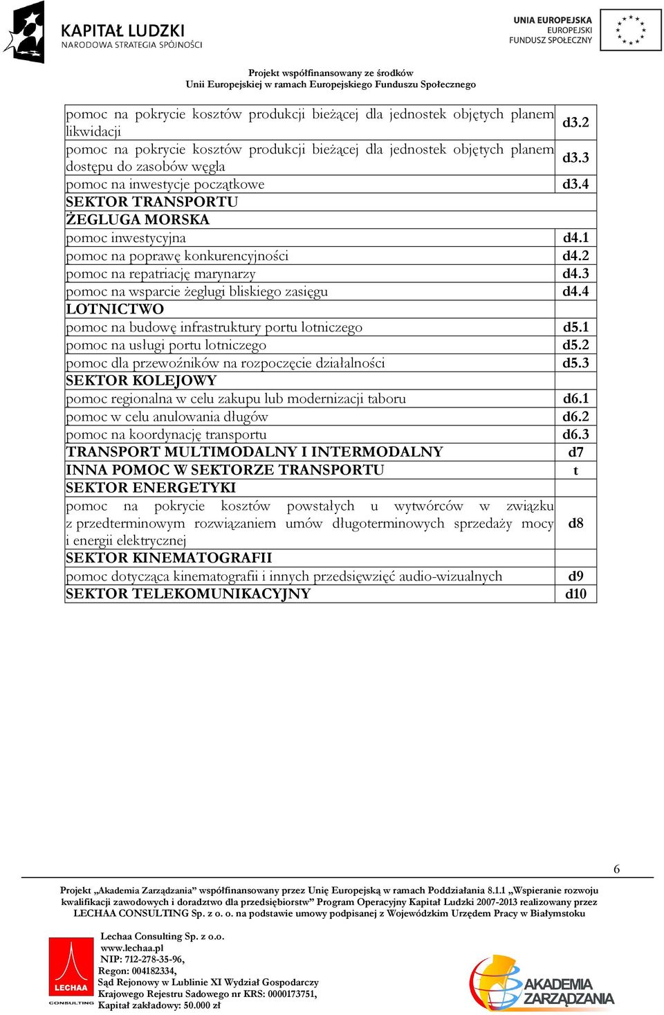 3 pomoc na wsparcie Ŝeglugi bliskiego zasięgu d4.4 LOTNICTWO pomoc na budowę infrastruktury portu lotniczego d5.1 pomoc na usługi portu lotniczego d5.