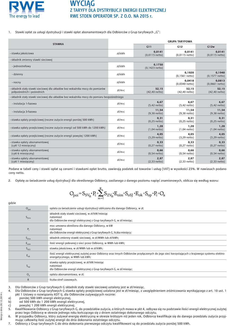 dzienny zł/kwh - nocny zł/kwh - składnik stały stawki sieciowej dla układów bez wskaźnika mocy do pomiarów półpośrednich i pośrednich zł/m-c - składnik stały stawki sieciowej dla układów bez