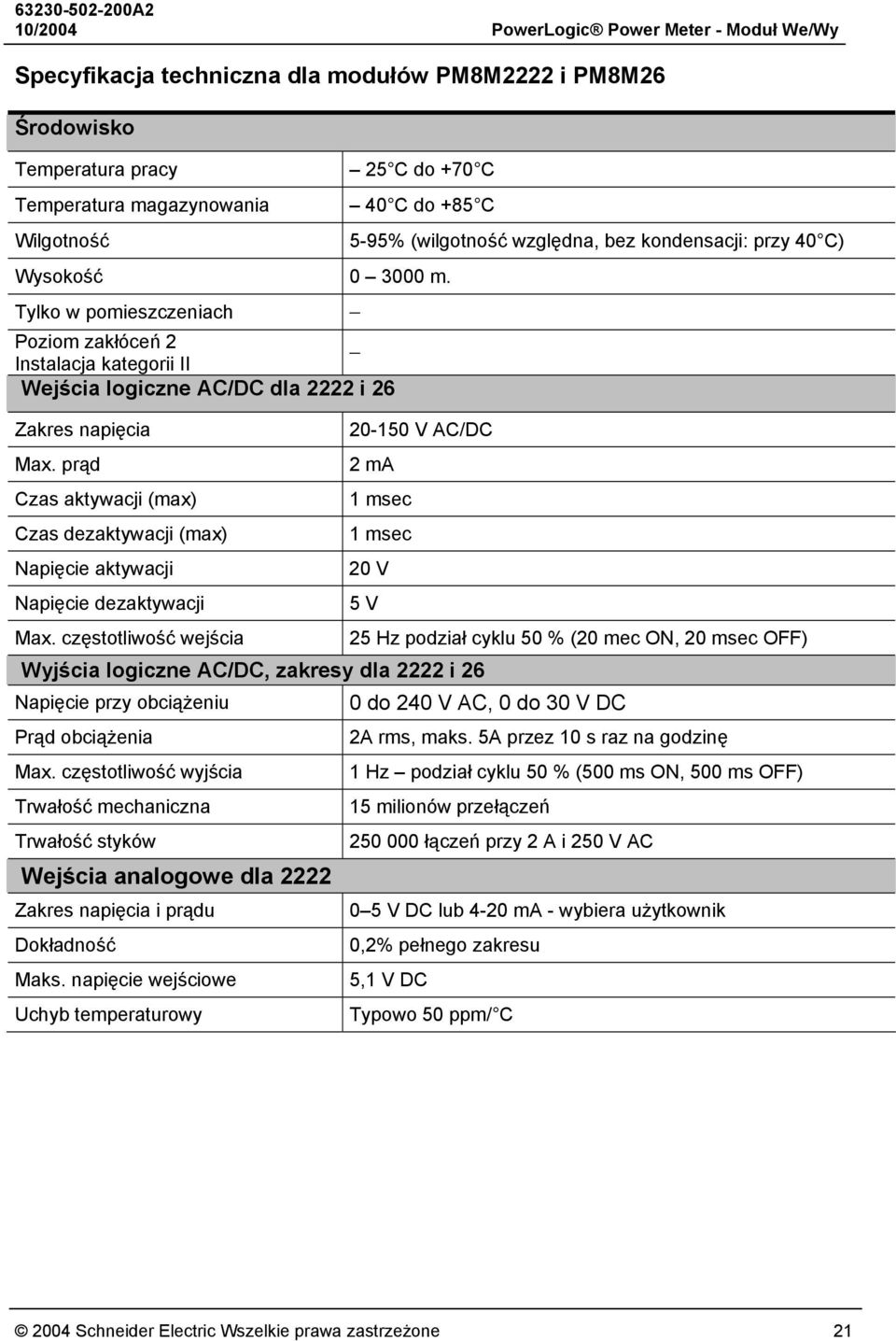 prąd Czas aktywacji (max) Czas dezaktywacji (max) Napięcie aktywacji Napięcie dezaktywacji 5-95% (wilgotność względna, bez kondensacji: przy 40 C) 20-150 V AC/DC 2 ma 1 msec 1 msec 20 V 5 V Max.