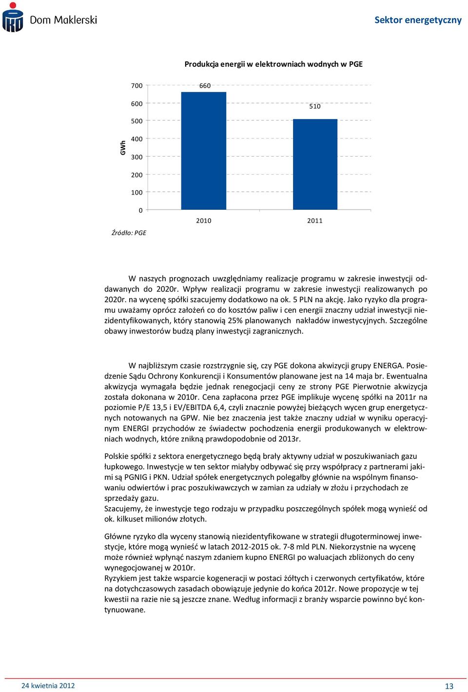 Jako ryzyko dla programu uważamy oprócz założeń co do kosztów paliw i cen energii znaczny udział inwestycji niezidentyfikowanych, który stanowią 25% planowanych nakładów inwestycyjnych.