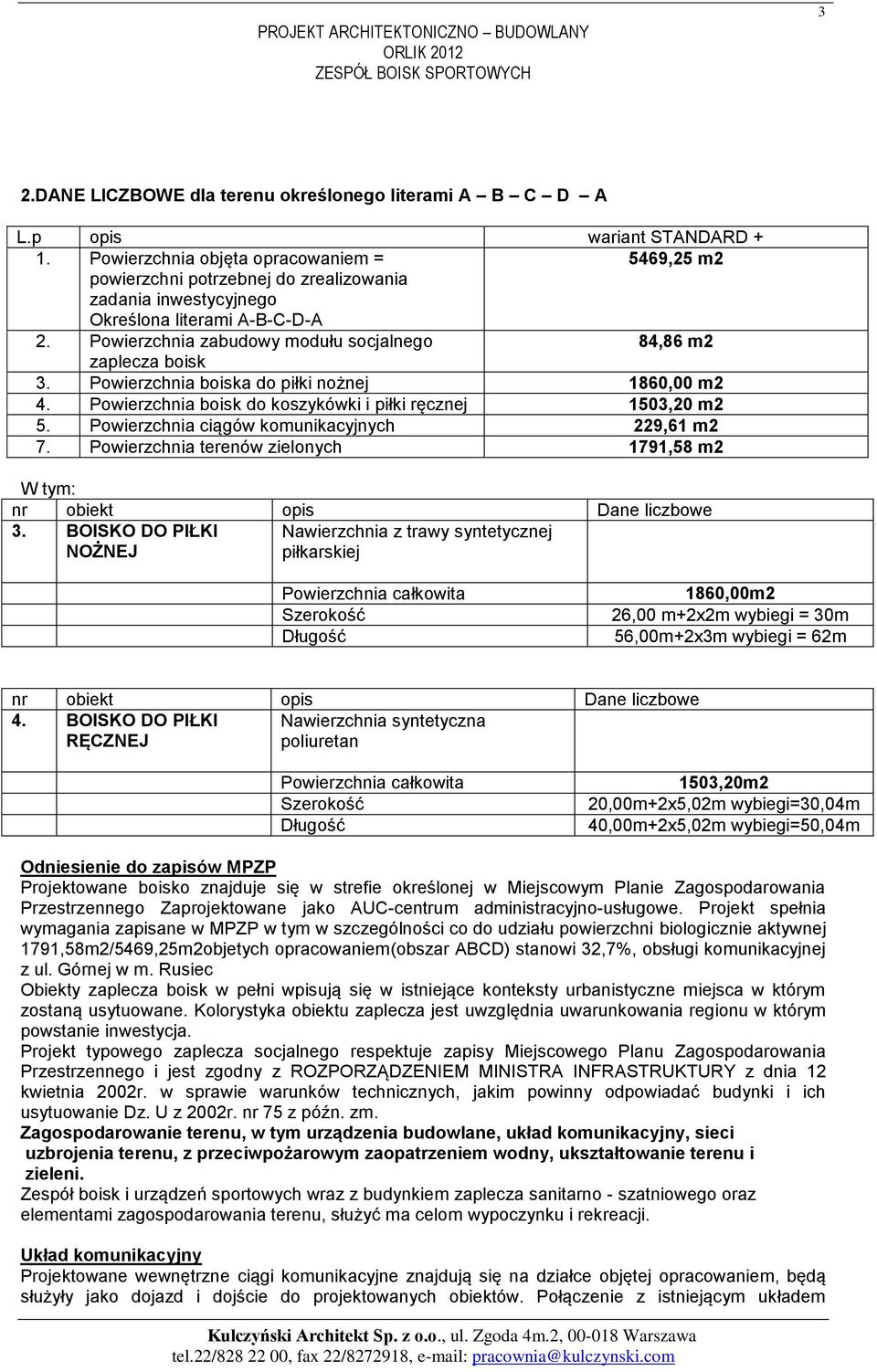Powierzchnia zabudowy modułu socjalnego 84,86 m2 zaplecza boisk 3. Powierzchnia boiska do piłki nożnej 1860,00 m2 4. Powierzchnia boisk do koszykówki i piłki ręcznej 1503,20 m2 5.