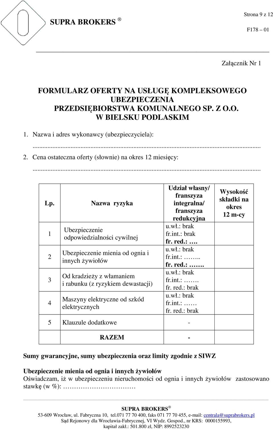 1 2 3 4 Nazwa ryzyka Ubezpieczenie odpowiedzialności cywilnej Ubezpieczenie mienia od ognia i innych żywiołów Od kradzieży z włamaniem i rabunku (z ryzykiem dewastacji) Maszyny elektryczne od szkód