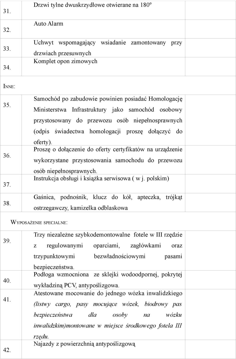 oferty). Proszę o dołączenie do oferty certyfikatów na urządzenie wykorzystane przystosowania samochodu do przewozu osób niepełnosprawnych. Instrukcja obsługi i książka serwisowa ( w j.