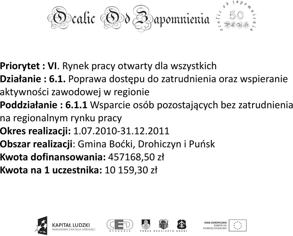 1 Wsparcie osób pozostających bez zatrudnienia na regionalnym rynku pracy Okres realizacji: 1.07.