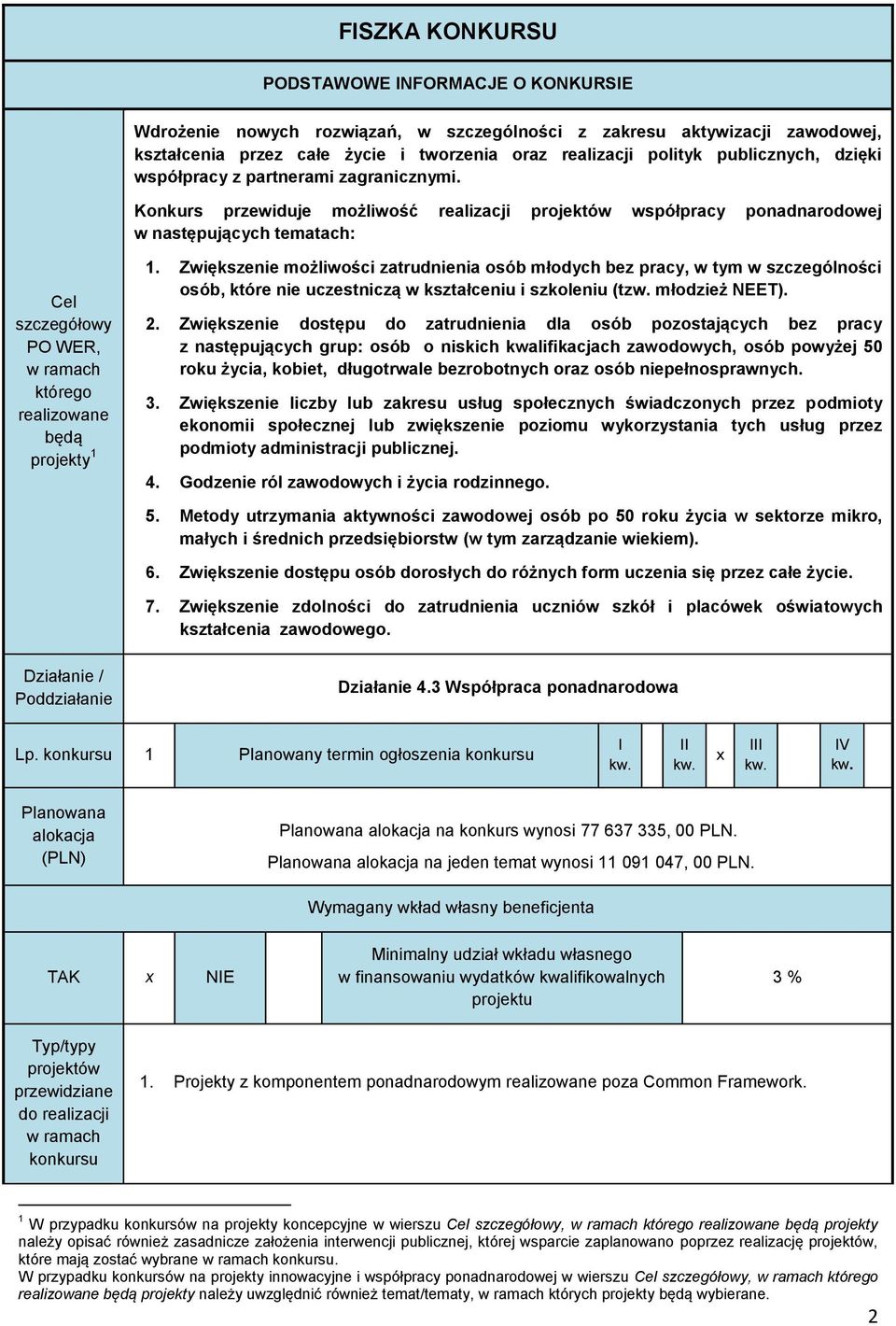 Konkurs przewiduje możliwość realizacji projektów współpracy ponadnarodowej w następujących tematach: Cel szczegółowy PO WER, w ramach którego realizowane będą projekty 1 1.