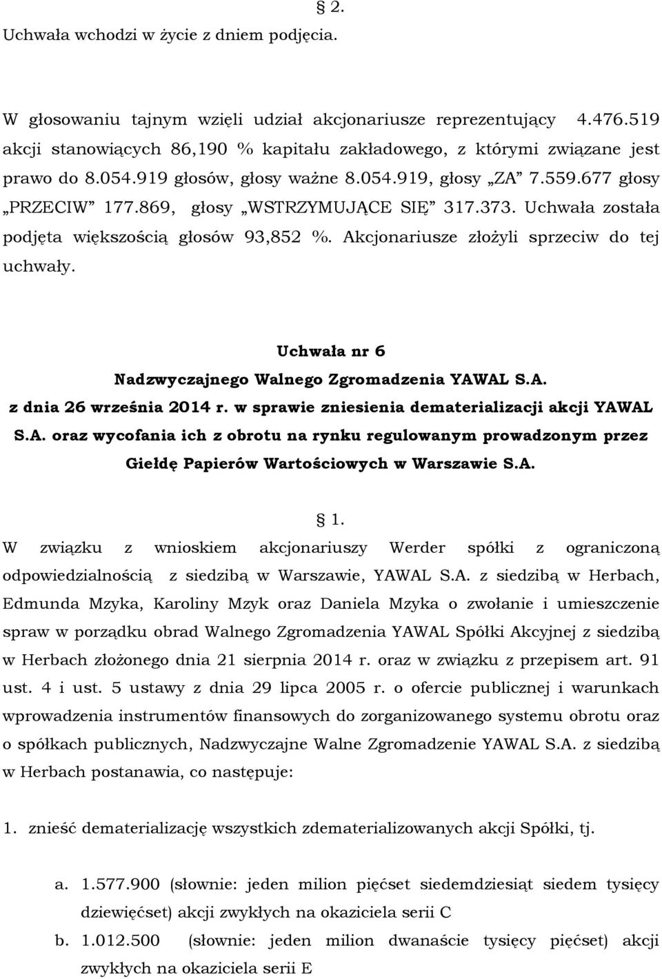 A. W związku z wnioskiem akcjonariuszy Werder spółki z ograniczoną odpowiedzialnością z siedzibą w Warszawie, YAWAL S.A. z siedzibą w Herbach, Edmunda Mzyka, Karoliny Mzyk oraz Daniela Mzyka o