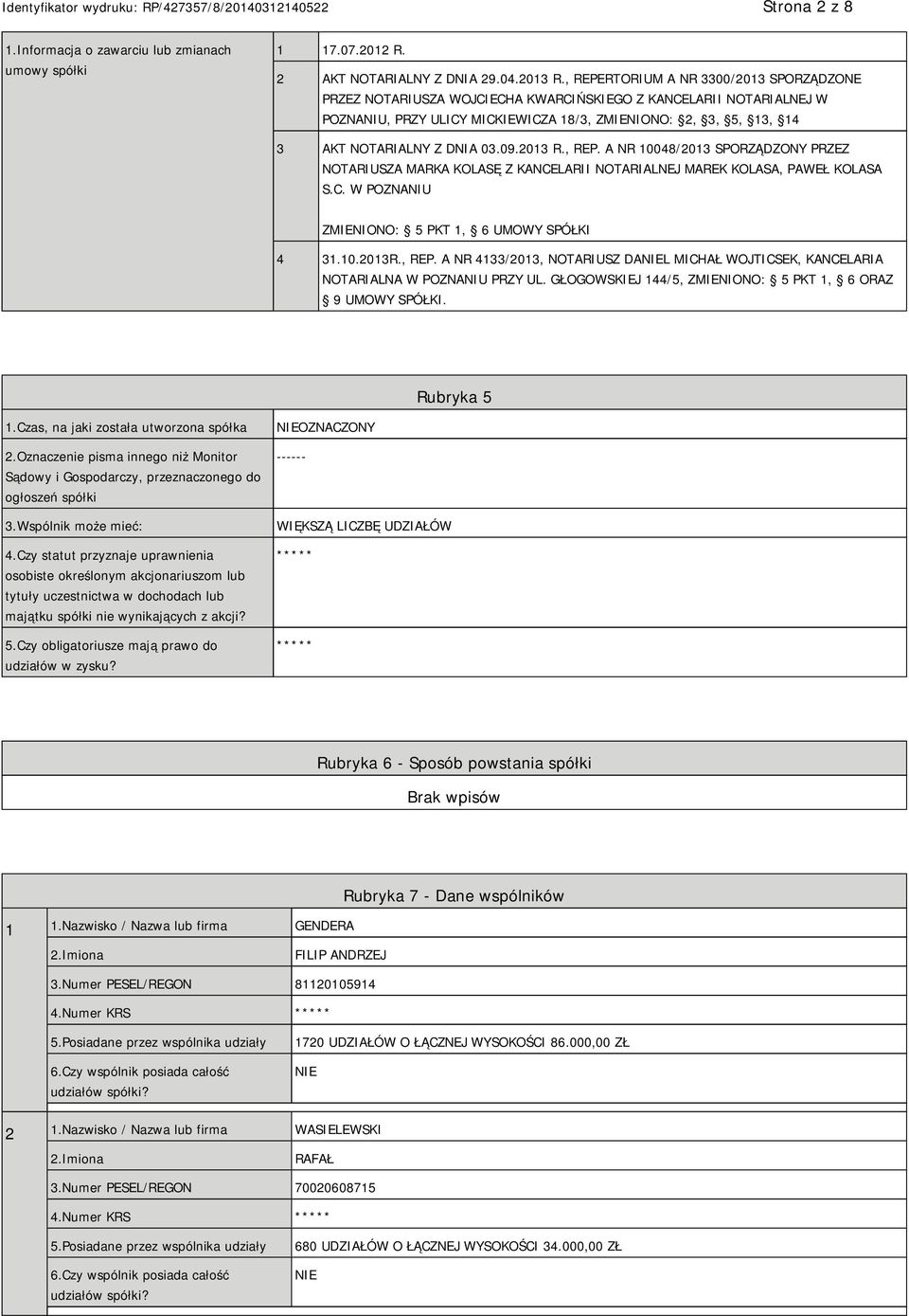 03.09.2013 R., REP. A NR 10048/2013 SPORZĄDZONY PRZEZ NOTARIUSZA MARKA KOLASĘ Z KANCELARII NOTARIALNEJ MAREK KOLASA, PAWEŁ KOLASA S.C. W POZNANIU ZMIENIONO: 5 PKT 1, 6 UMOWY SPÓŁKI 4 31.10.2013R.