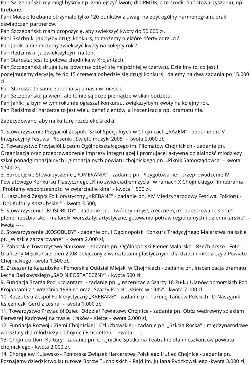 Pani Skarbnik: jak byłby drugi konkurs, to możemy niektóre oferty odrzucić. Pan Janik: a nie możemy zwiększyć kwoty na kolejny rok? Pan Redzimski: ja zwiększyłbym na ten.