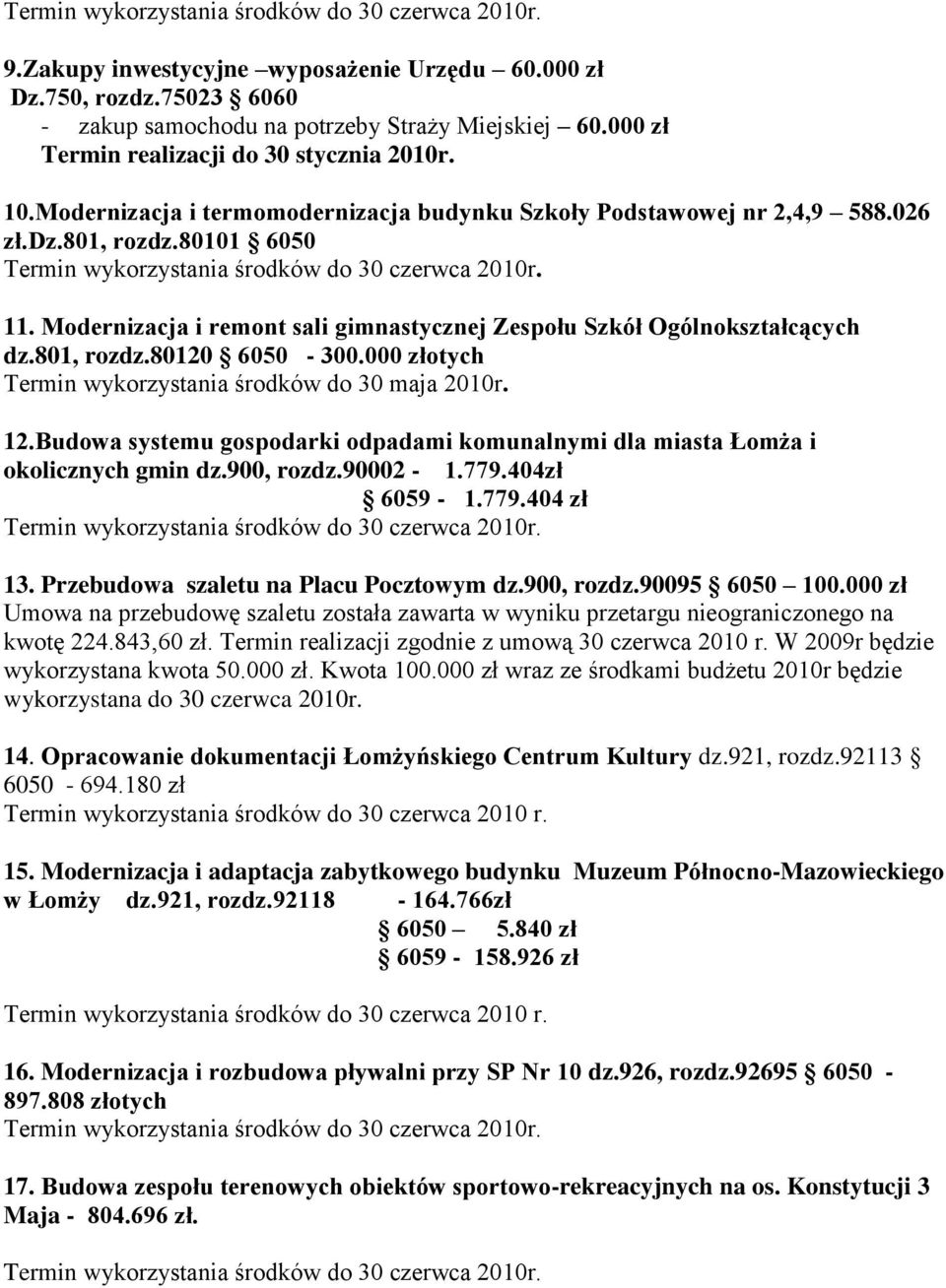 Modernizacja i remont sali gimnastycznej Zespołu Szkół Ogólnokształcących dz.801, rozdz.80120 6050-300.000 złotych Termin wykorzystania środków do 30 maja 12.