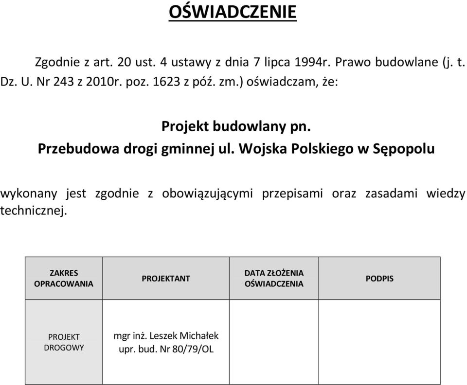 Wojska Polskiego w Sępopolu wykonany jest zgodnie z obowiązującymi przepisami oraz zasadami wiedzy