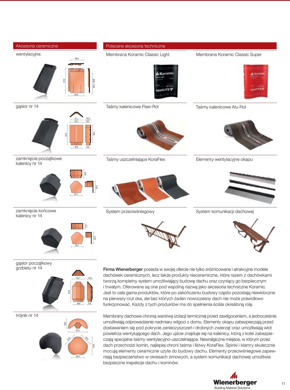 System przeciwśniegowy System komunikacji dachowej 22,5 11,5 24, gąsior początkowy grzbietu nr 14 3, 24, 10,5 18, 9,0 Firma Wienerberger posiada w swojej ofercie nie tylko zróżnicowane i atrakcyjne