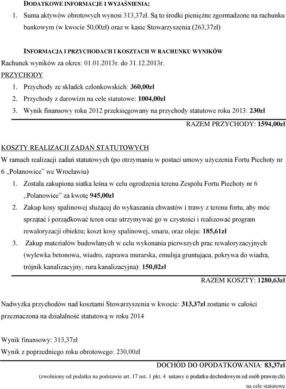 01.2013r. do 31.12.2013r. PRZYCHODY 1. Przychody ze składek członkowskich: 360,00zł 2. Przychody z darowizn na cele statutowe: 1004,00zł 3.