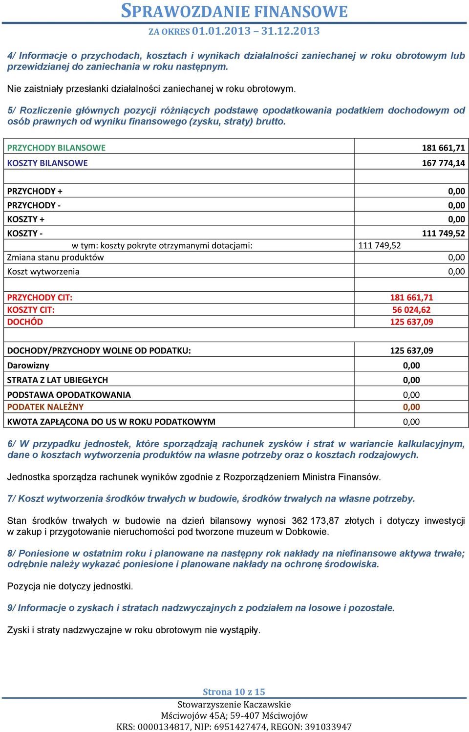 5/ Rozliczenie głównych pozycji różniących podstawę opodatkowania podatkiem dochodowym od osób prawnych od wyniku finansowego (zysku, straty) brutto.