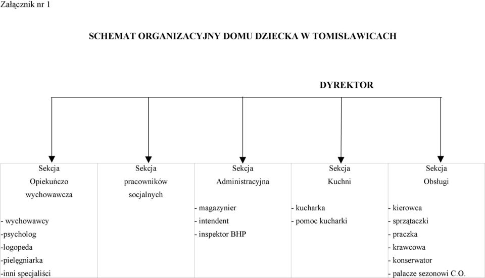 magazynier - kucharka - kierowca - wychowawcy - intendent - pomoc kucharki - sprzątaczki -psycholog -