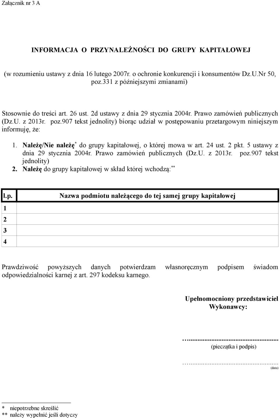 907 tekst jednolity) biorąc udział w postępowaniu przetargowym niniejszym informuję, że: 1. Należę/Nie należę * do grupy kapitałowej, o której mowa w art. 24 ust. 2 pkt.