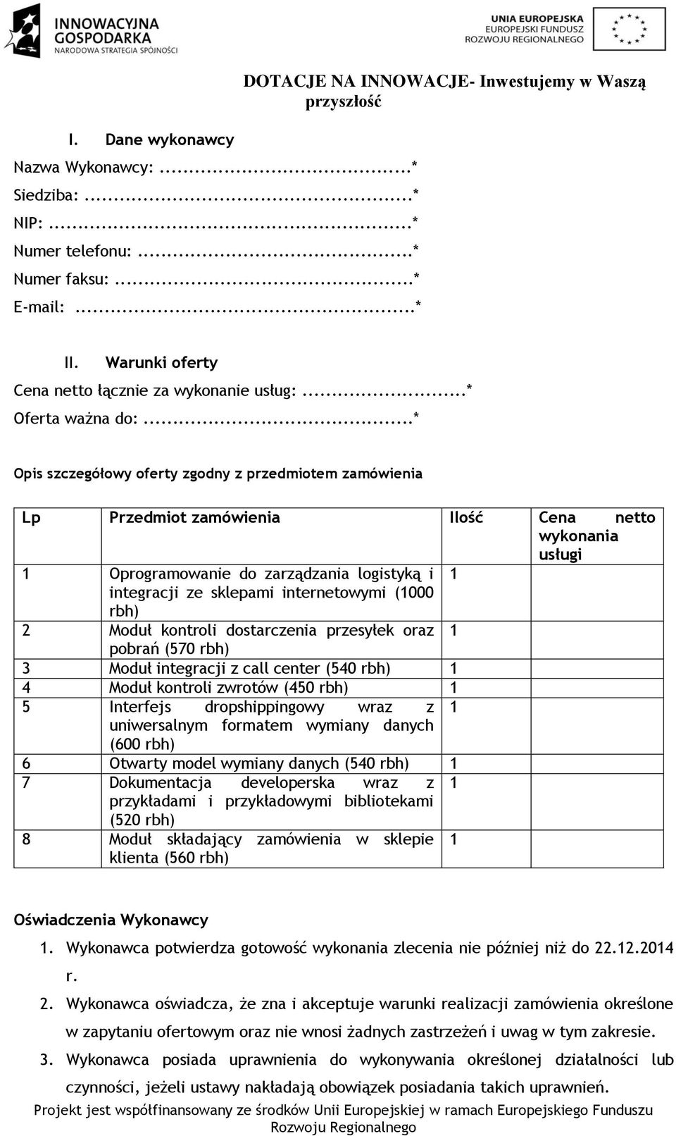 ..* Opis szczegółowy oferty zgodny z przedmiotem zamówienia Lp Przedmiot zamówienia Ilość Cena netto wykonania usługi 1 Oprogramowanie do zarządzania logistyką i 1 integracji ze sklepami