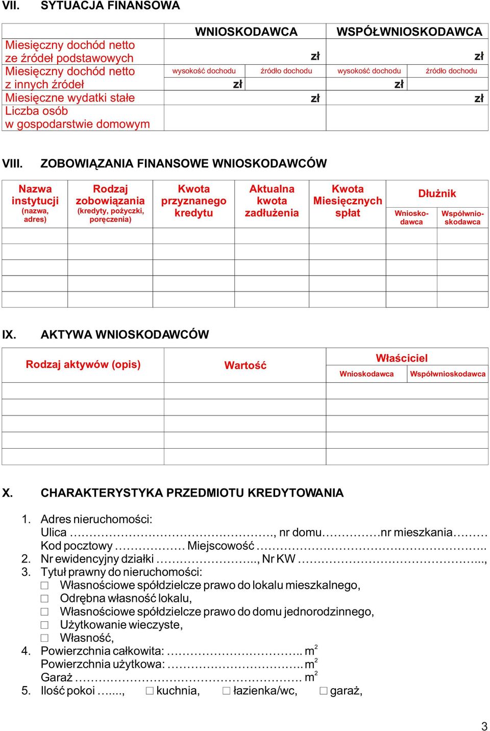 ZOBOWI ZANIA FINANSOWE WNIOSKODAWCÓW Nazwa instytucji (nazwa, adres) Rodzaj zobowi¹zania (kredyty, po yczki, porêczenia) Kwota przyznanego kredytu Aktualna kwota zad³u enia Kwota Miesiêcznych sp³at
