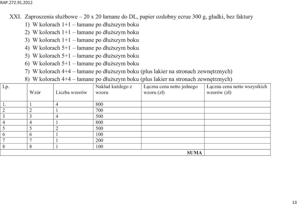 kolorach 4+4 łamane po dłuższym boku (plus lakier na stronach zewnętrznych) 8) W kolorach 4+4 łamane po dłuższym boku (plus lakier na stronach zewnętrznych) Wzór Liczba wzorów