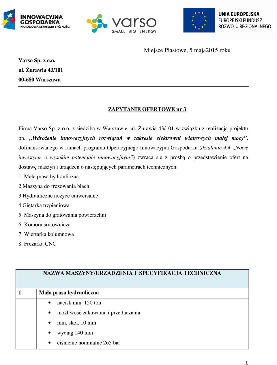 Wdrożenie innowacyjnych rozwiązań w zakresie elektrowni wiatrowych małej mocy, dofinansowanego w ramach programu Operacyjnego Innowacyjna Gospodarka (działanie 4.