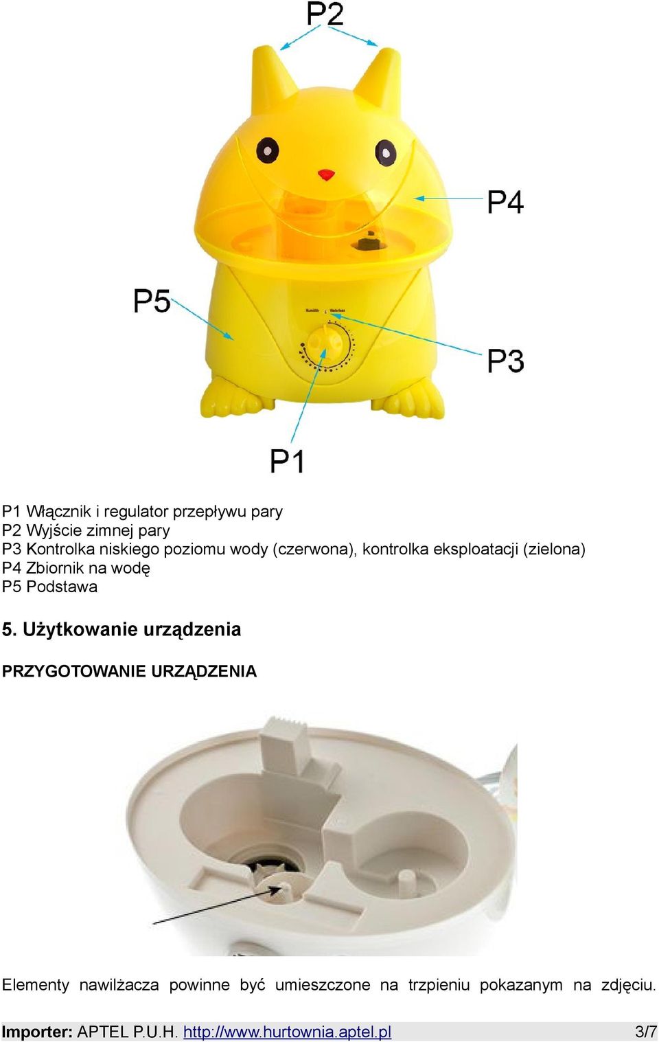 5. Użytkowanie urządzenia PRZYGOTOWANIE URZĄDZENIA Elementy nawilżacza powinne być