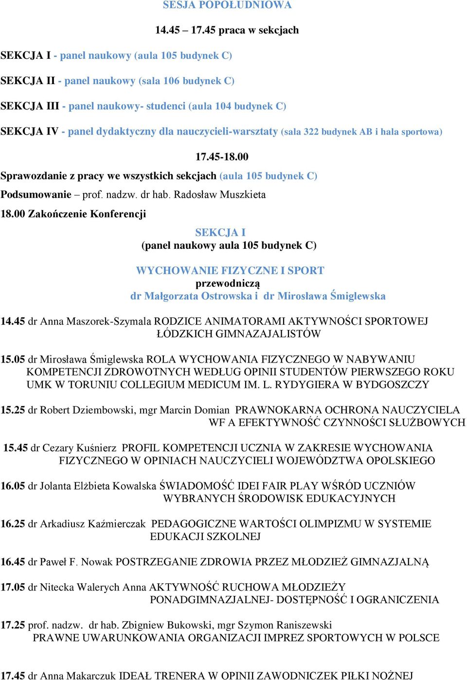 dydaktyczny dla nauczycieli-warsztaty (sala 322 budynek AB i hala sportowa) 17.45-18.00 Sprawozdanie z pracy we wszystkich sekcjach (aula 105 budynek C) Podsumowanie prof. nadzw. dr hab.