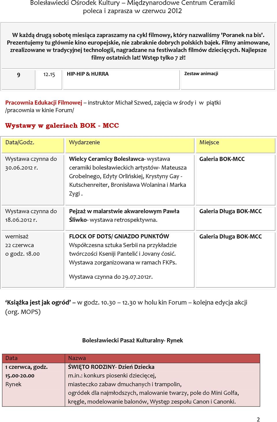 15 HIP-HIP & HURRA Zestaw animacji Pracownia Edukacji Filmowej instruktor Michał Szwed, zajęcia w środy i w piątki /pracownia w kinie Forum/ Wystawy w galeriach BOK - MCC Data/Godz.