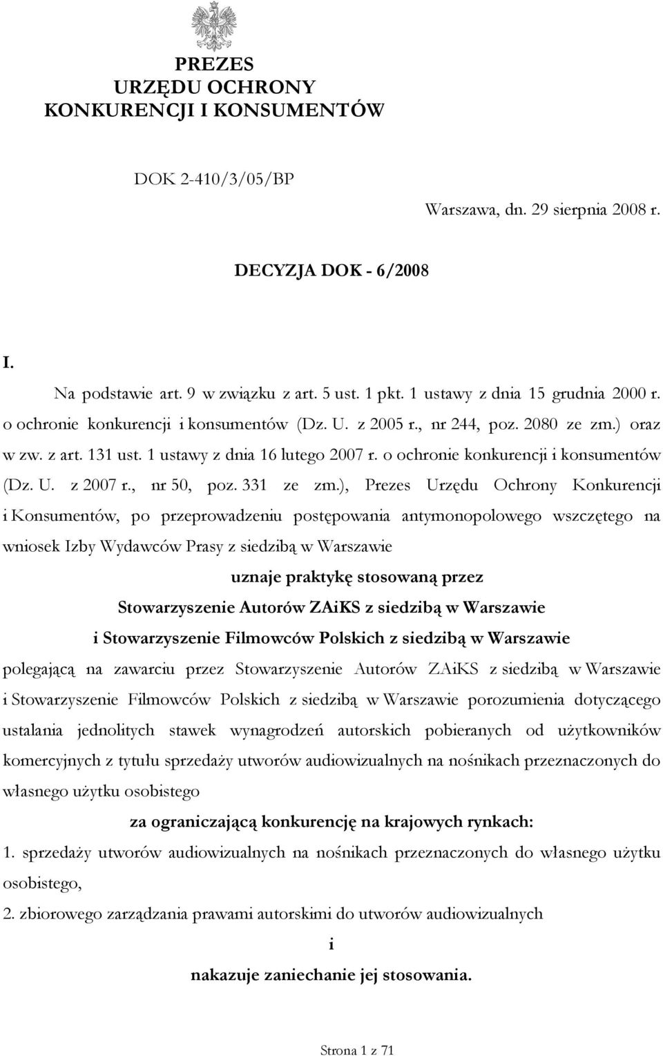 o ochronie konkurencji i konsumentów (Dz. U. z 2007 r., nr 50, poz. 331 ze zm.