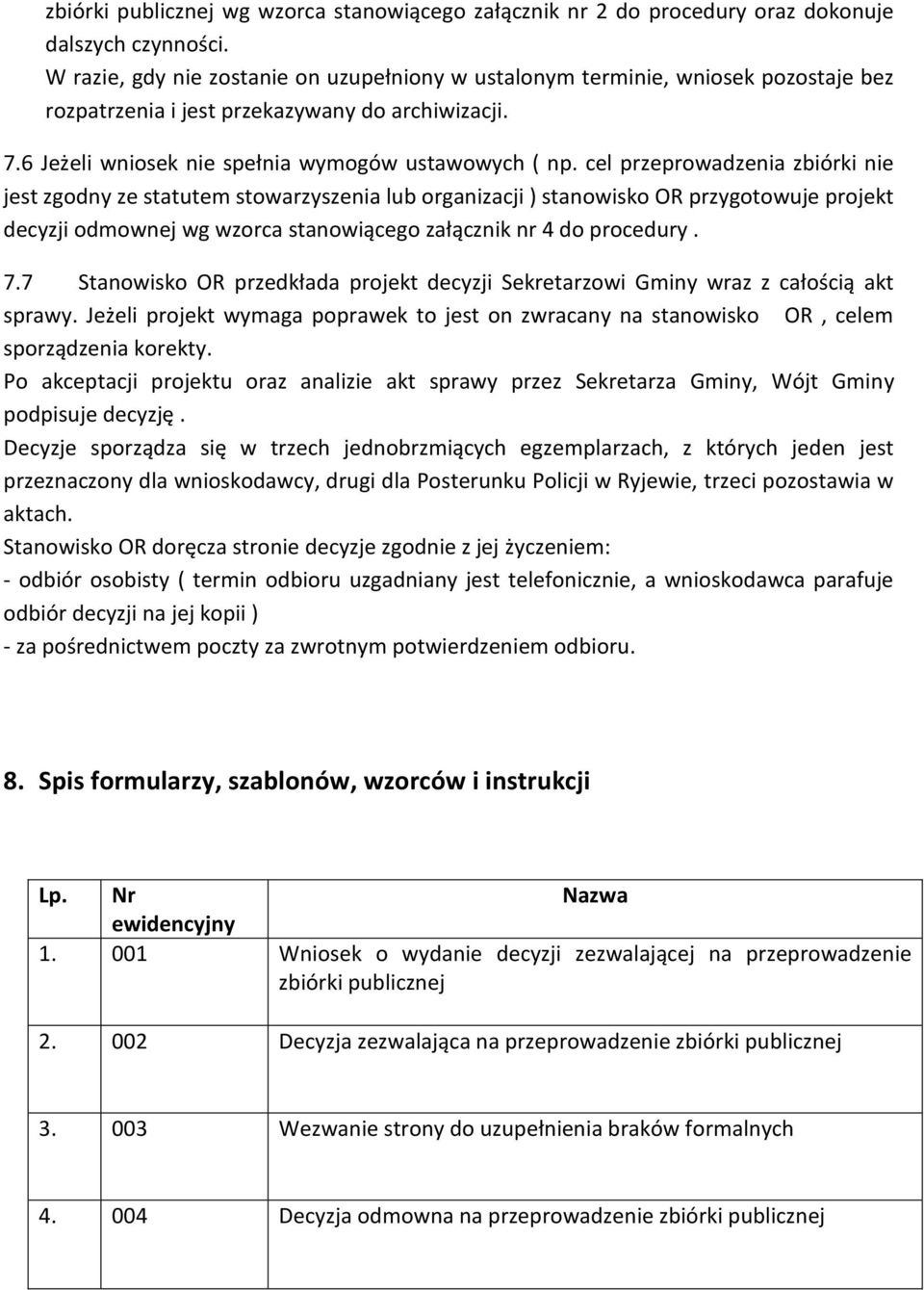 cel przeprowadzenia zbiórki nie jest zgodny ze statutem stowarzyszenia lub organizacji ) stanowisko OR przygotowuje projekt decyzji odmownej wg wzorca stanowiącego załącznik nr 4 do procedury. 7.