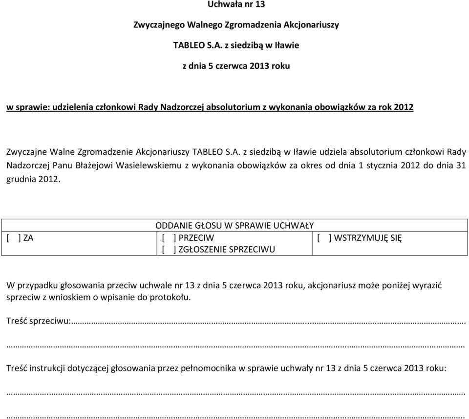 Wasielewskiemu z wykonania obowiązków za okres od dnia 1 stycznia 2012 do dnia 31 grudnia 2012.