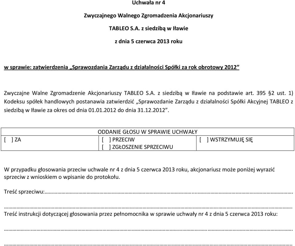 1) Kodeksu spółek handlowych postanawia zatwierdzić Sprawozdanie Zarządu z działalności Spółki Akcyjnej TABLEO z siedzibą w