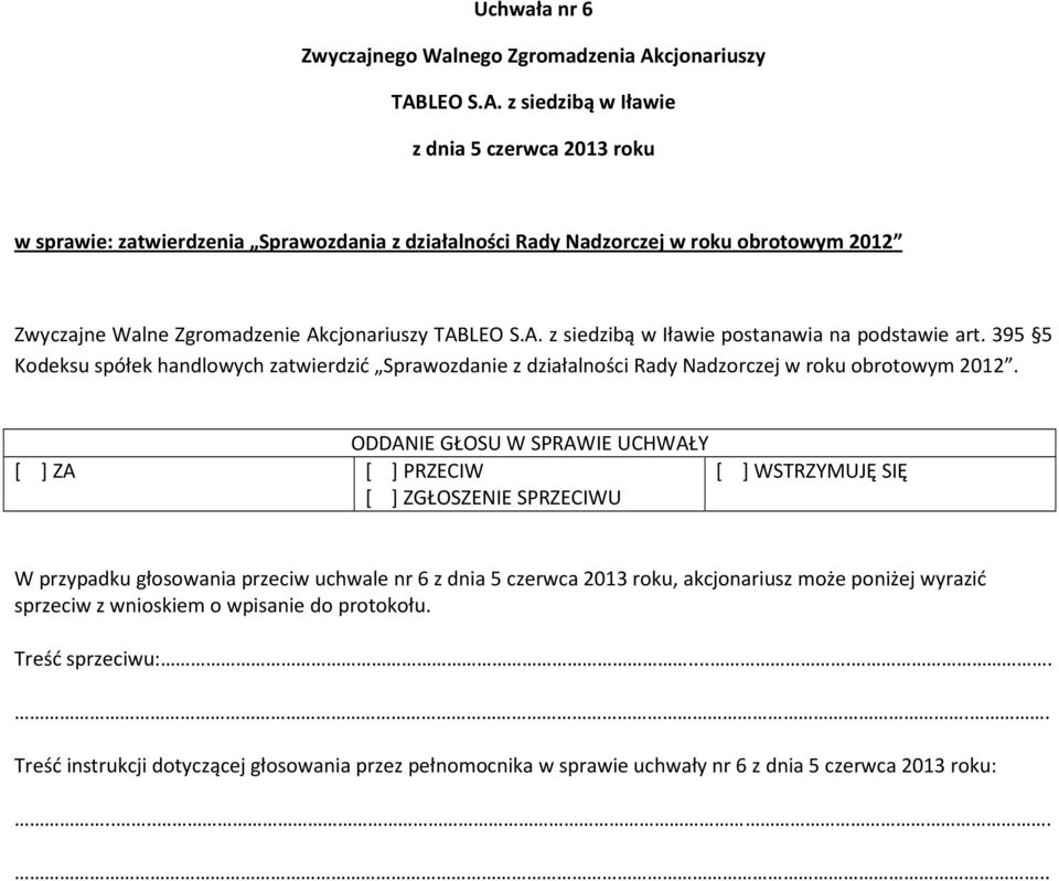 395 5 Kodeksu spółek handlowych zatwierdzić Sprawozdanie z działalności Rady Nadzorczej w roku obrotowym 2012.